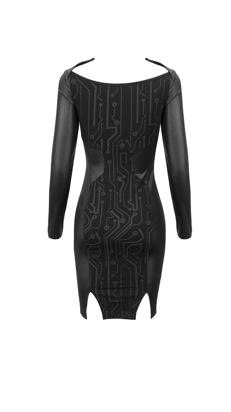 Black long sleeve mini dress with circuit pattern, featuring a gothic style and elegant design.