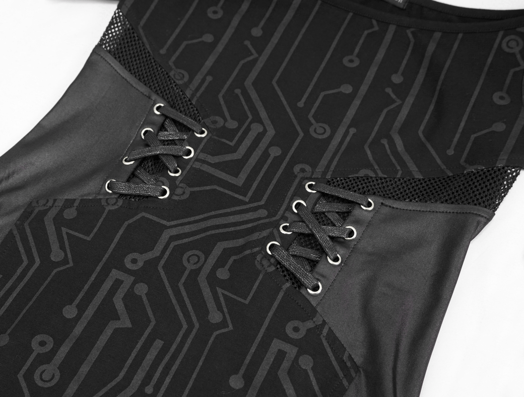 Close-up of black mini dress featuring gothic lace-up details and a unique circuit pattern, perfect for a chic look.