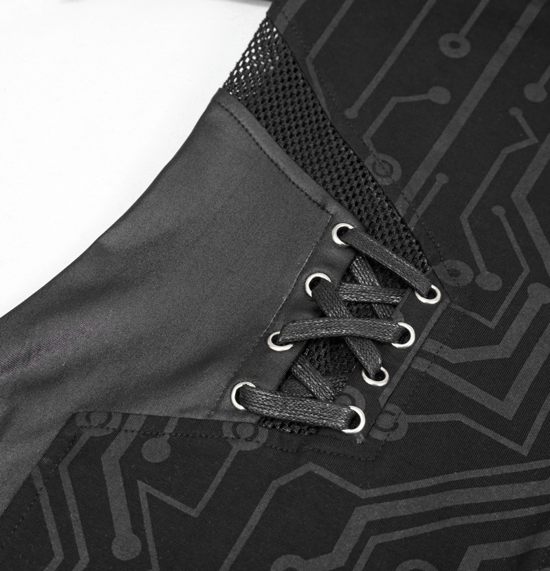 Close-up of gothic black mini dress featuring lace-up detail and circuit pattern on dark fabric.