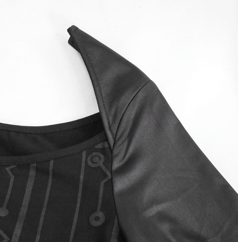 Close-up of the shoulder and neckline of a black gothic mini dress, showcasing the elegant fabric and unique design.