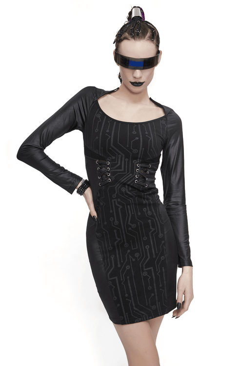 Black Long Sleeve Mini Dress / Dress in Gothic Style with Lace-up Waist
