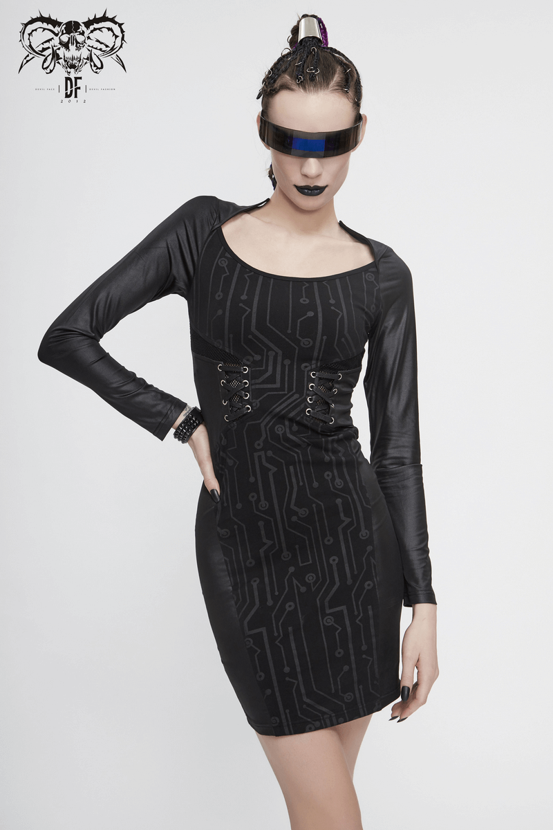 Black Long Sleeve Mini Dress / Dress in Gothic Style with Lace-up Waist - HARD'N'HEAVY