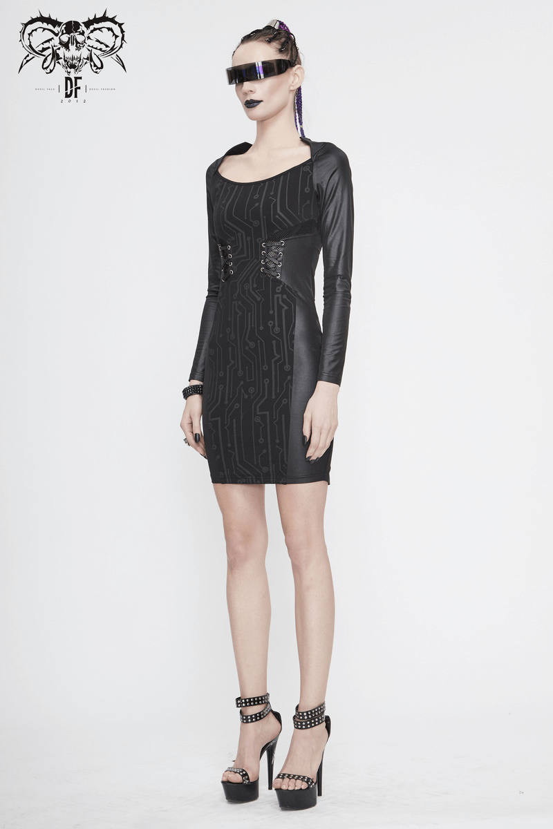 Women's black gothic mini dress with lace-up waist and long sleeves, styled with trendy accessories.