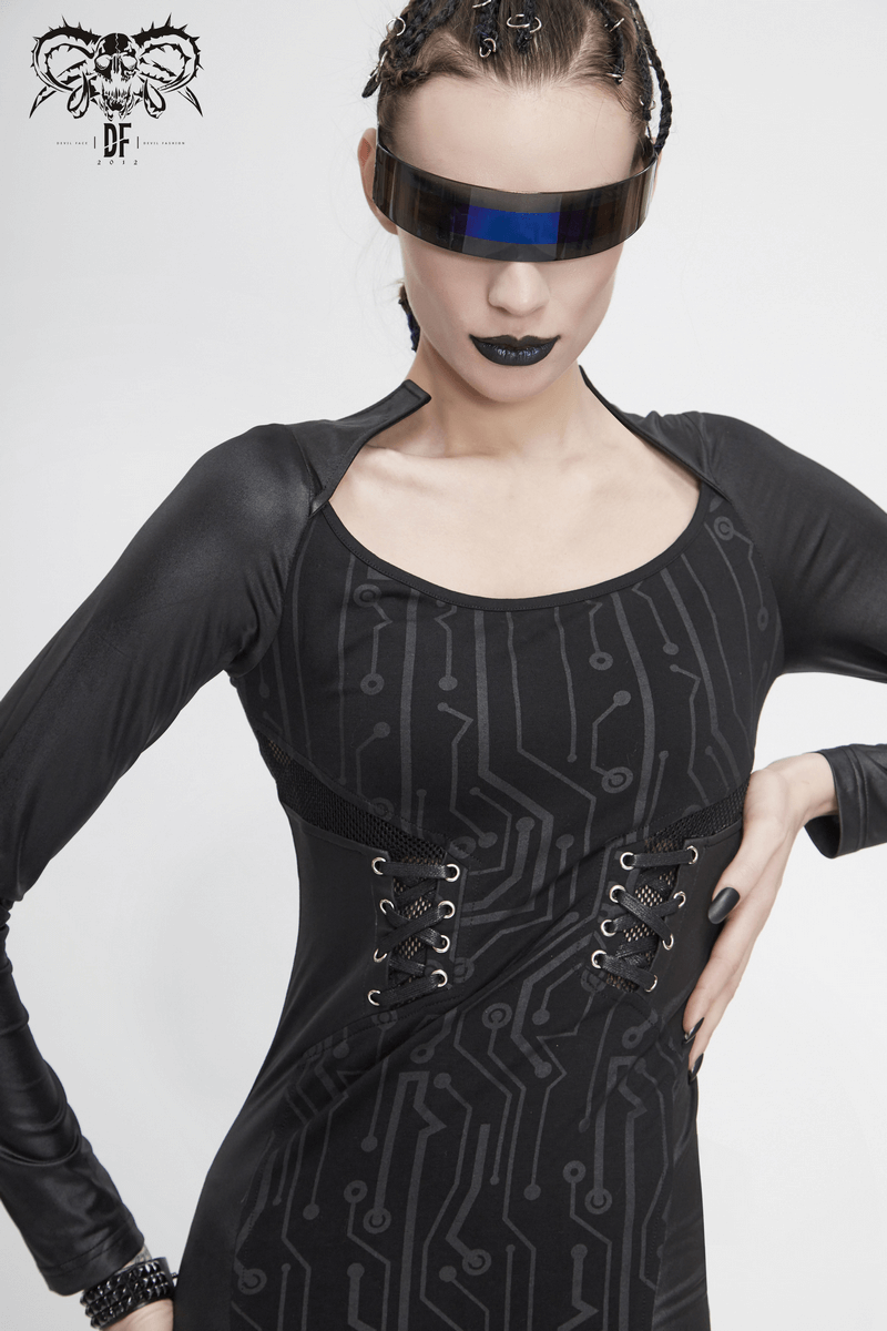 Gothic black long sleeve mini dress with lace-up waist and stylish accessories, perfect for an edgy look.