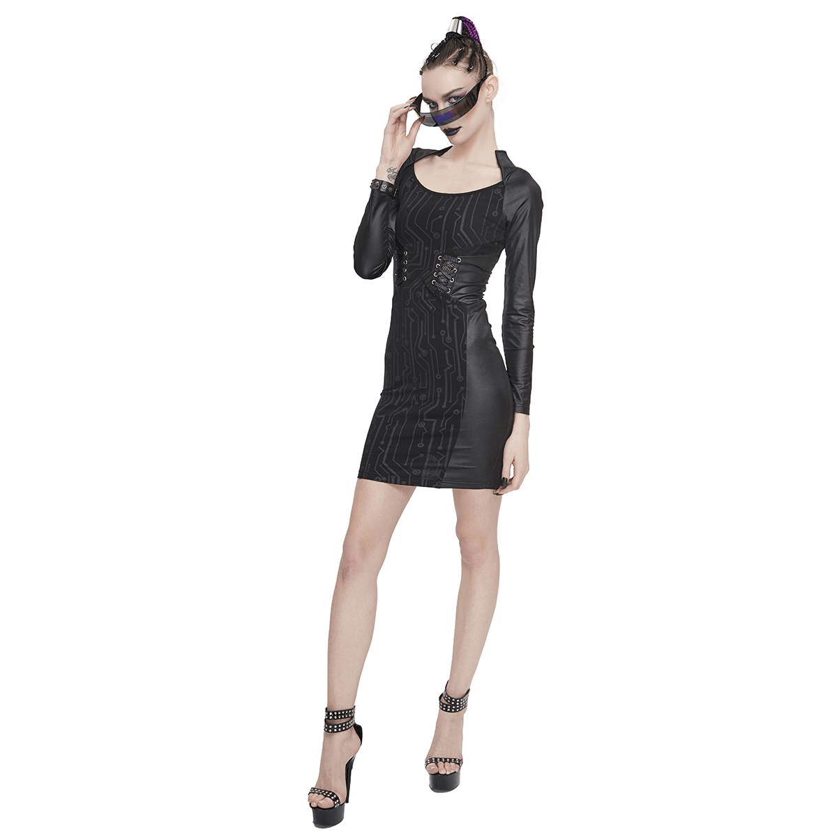 Black Long Sleeve Mini Dress / Dress in Gothic Style with Lace-up Waist - HARD'N'HEAVY