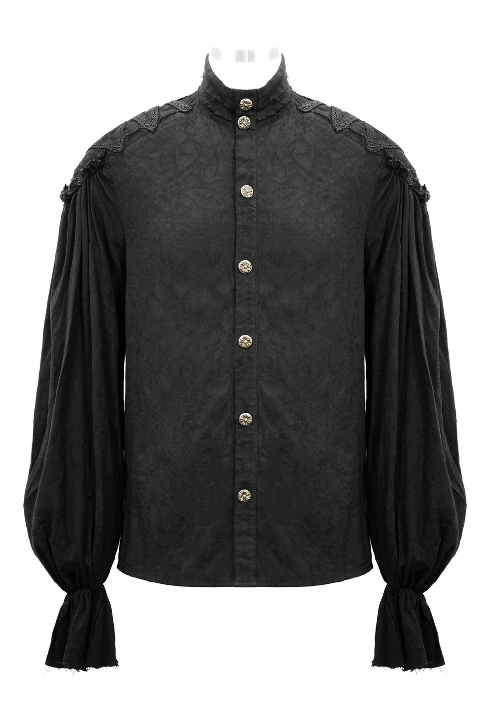 Men's black gothic style shirt with buttons and flared cuffs, featuring high collar and lace bow.