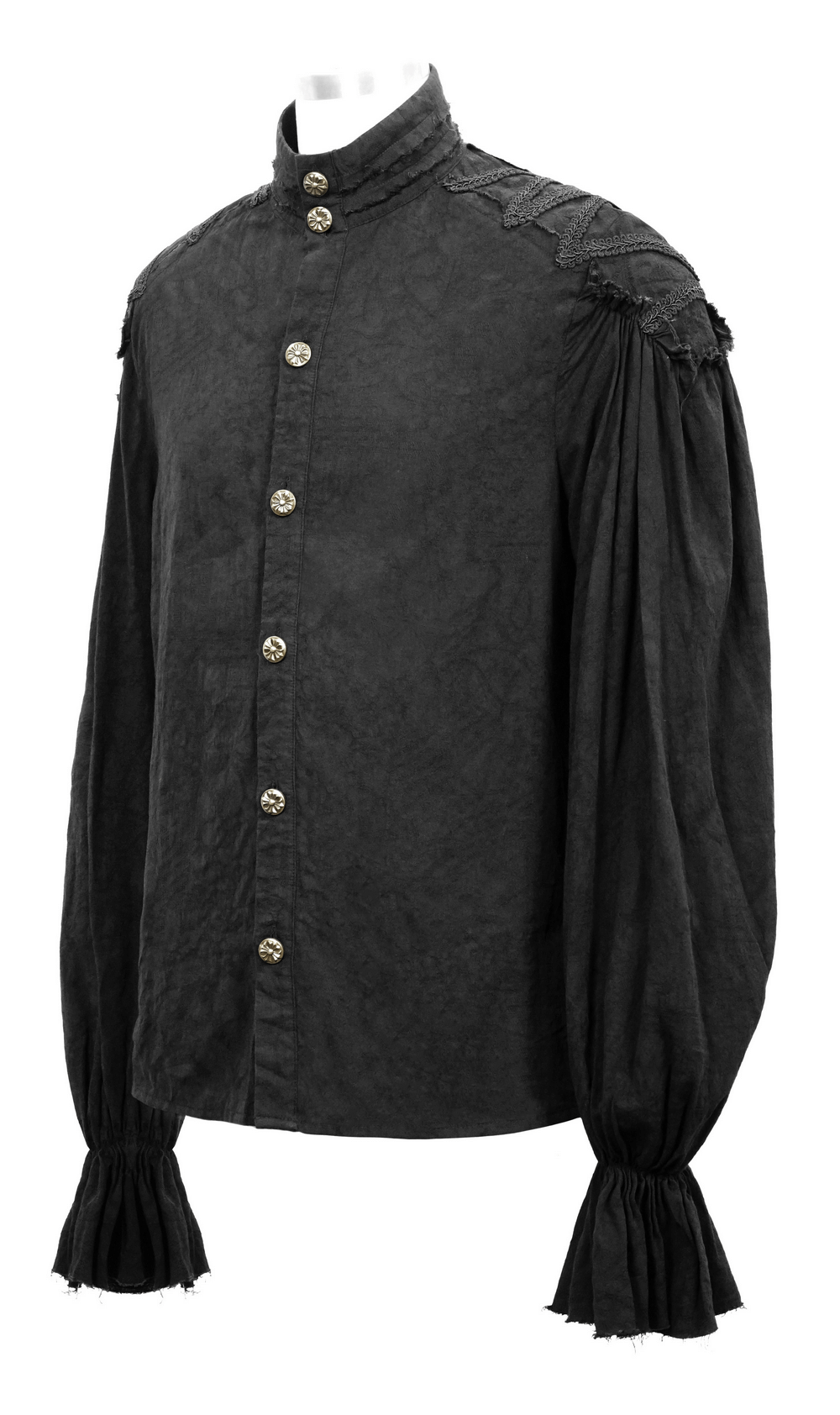 Men's black vintage gothic-style shirt with buttons, high collar, and elegant flared cuffs.