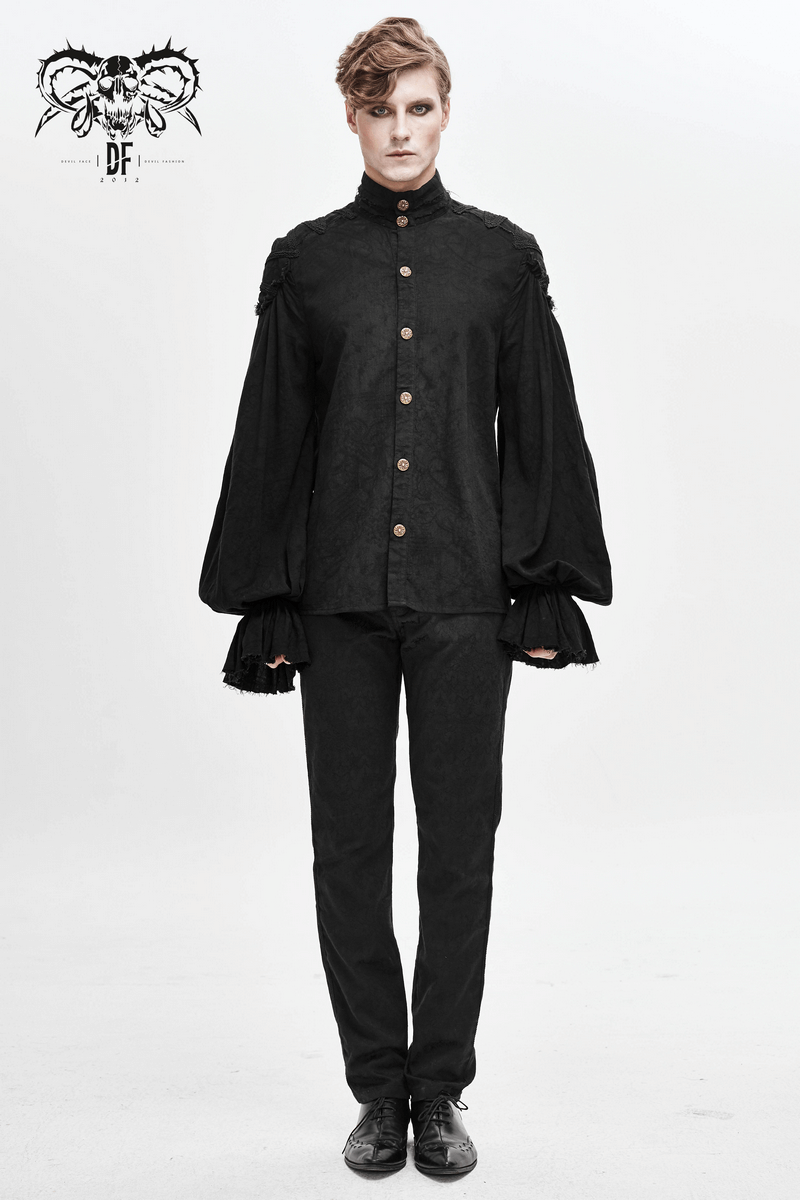Men's black gothic style shirt with buttons, flared cuffs, and high collar, perfect for vintage fashion enthusiasts.
