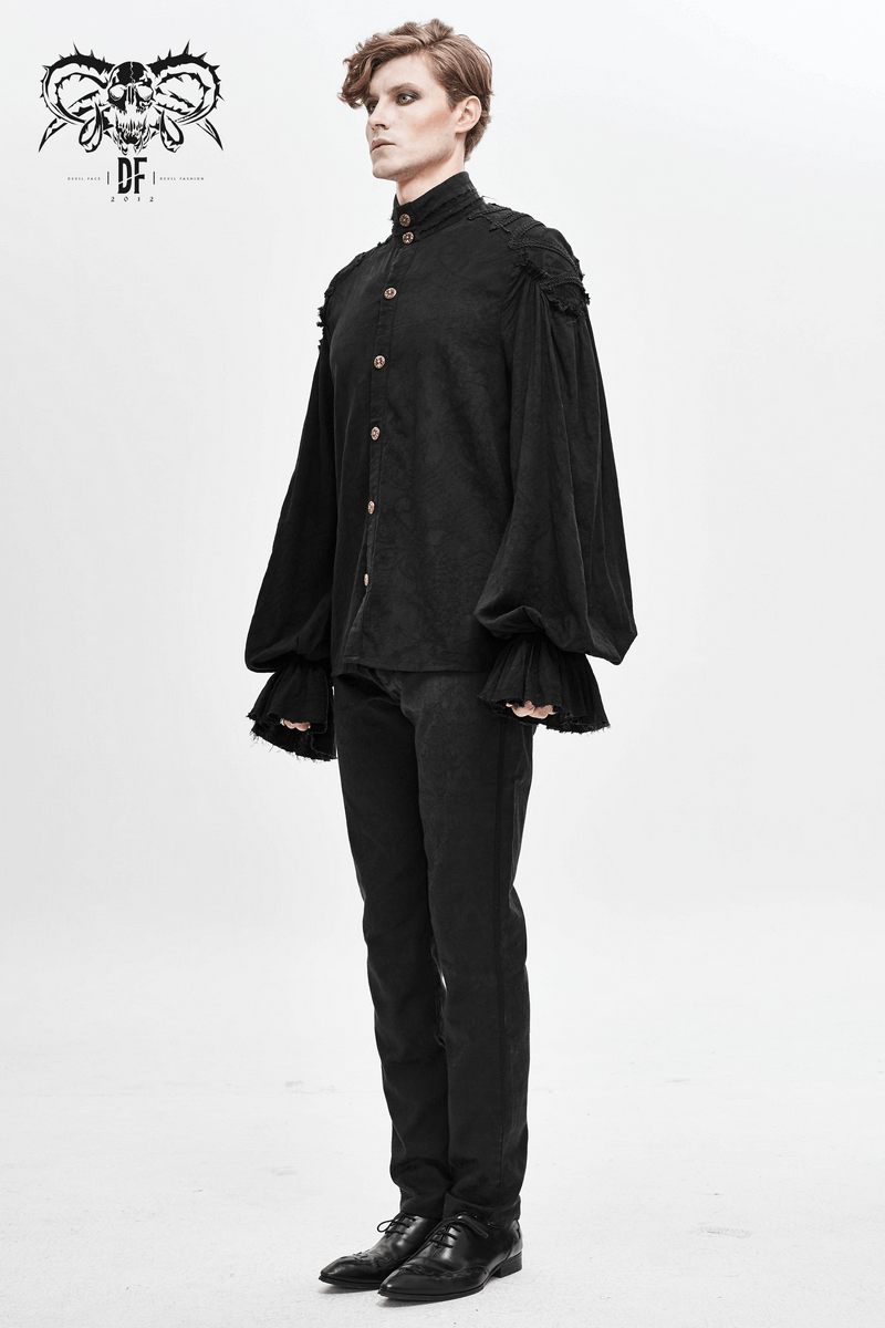 Men's black vintage gothic shirt with flared cuffs and high collar, featuring a stylish retro design.