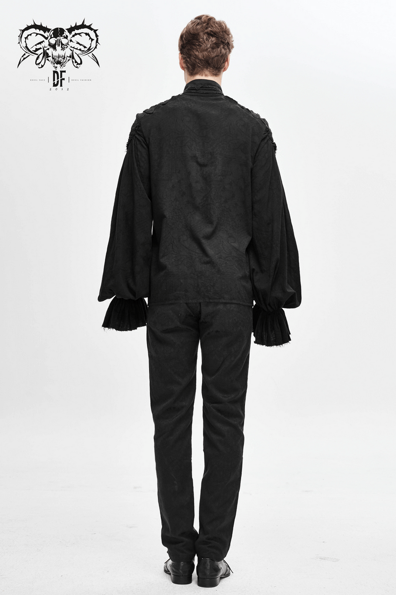 Back view of a men's black gothic style shirt with flared cuffs and a vintage cut.