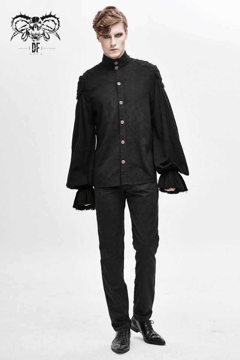 Gothic style men's black long sleeve shirt with buttons and flared cuffs, perfect for vintage fashion lovers.