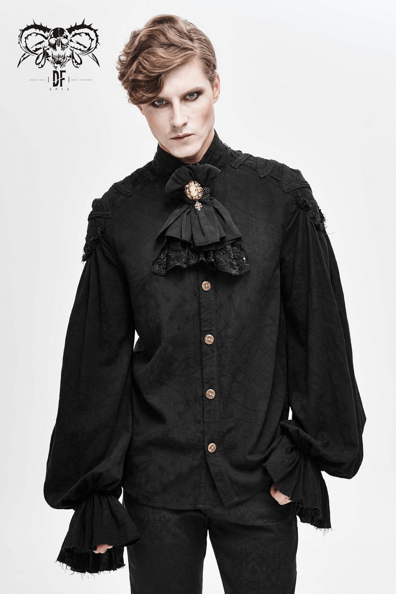 Men's black gothic shirt with buttons, high collar, lace bow, and flared cuffs for a vintage style look.