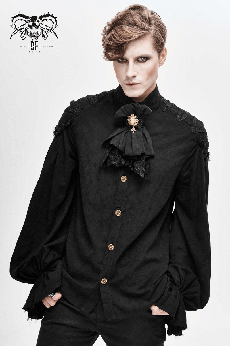 Black Long Sleeves Shirt with Buttons in Front / Gothic Style Shirt with Flared Cuffs - HARD'N'HEAVY