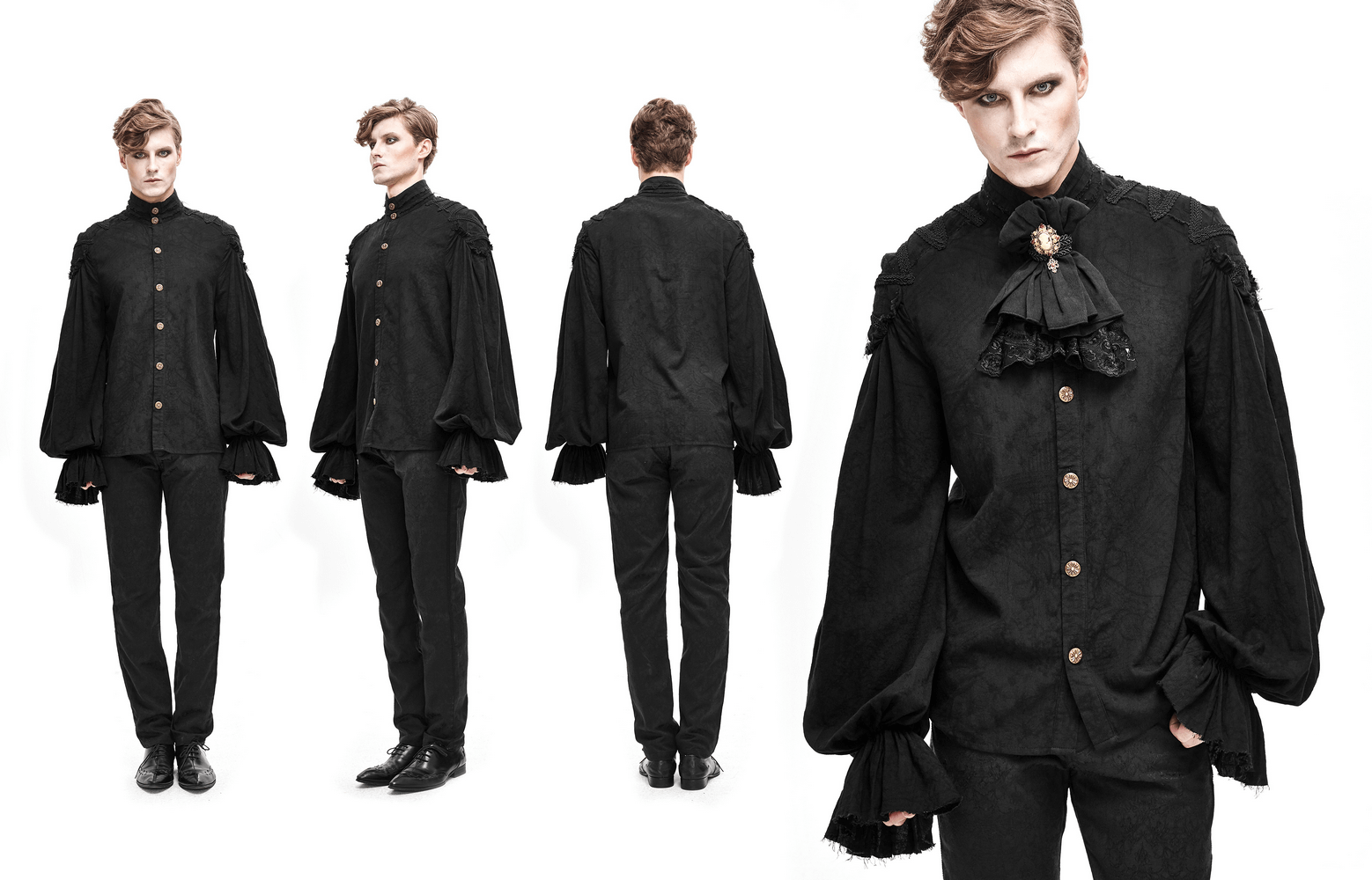 Men's black gothic shirt with buttons, high collar, and flared cuffs in vintage style.