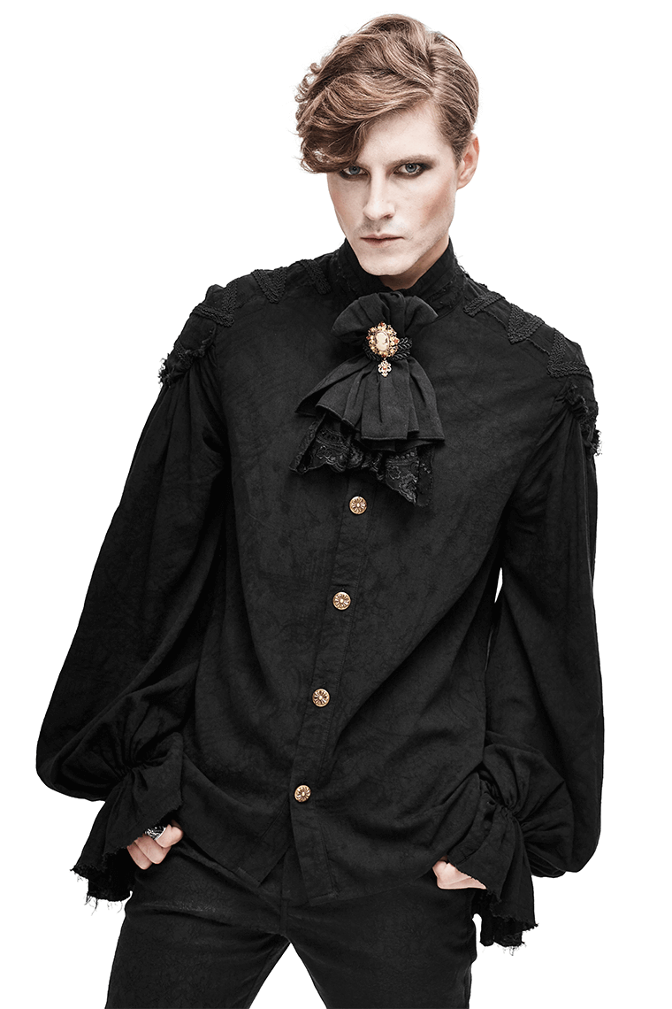 Black Long Sleeves Shirt with Buttons in Front / Gothic Style Shirt with Flared Cuffs - HARD'N'HEAVY