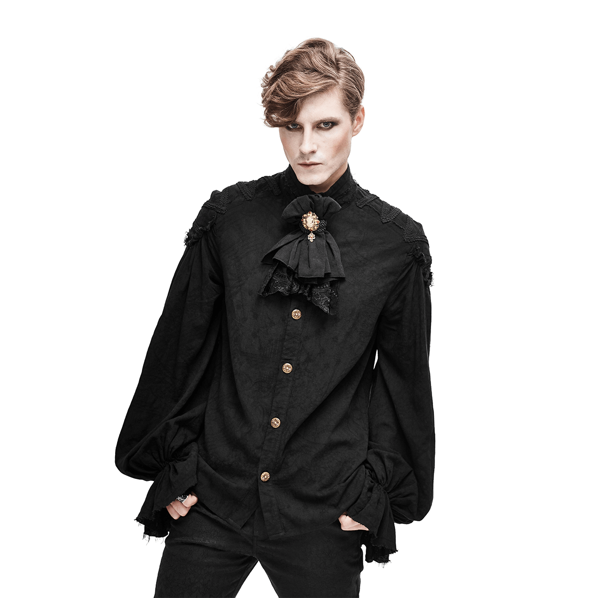 Black Long Sleeves Shirt with Buttons in Front / Gothic Style Shirt with Flared Cuffs - HARD'N'HEAVY