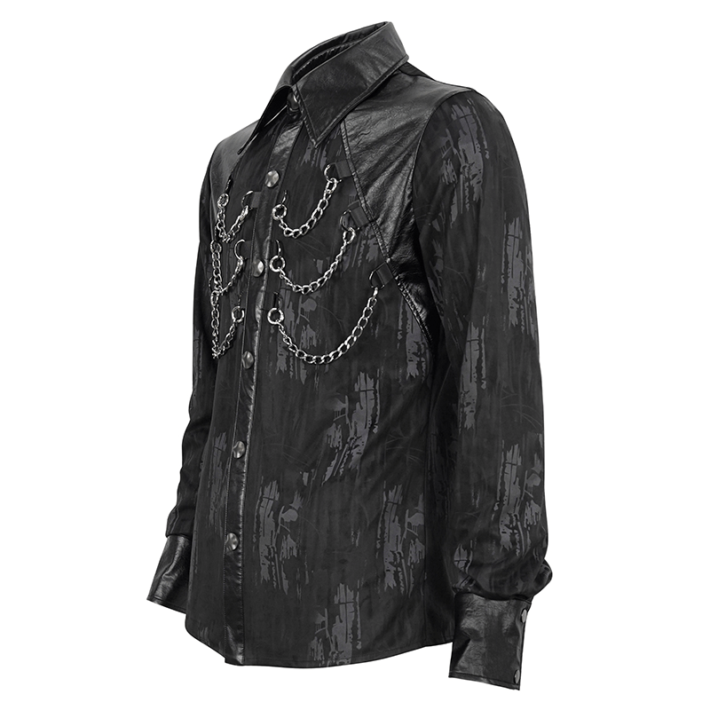 Men's black long sleeve shirt with PU leather inserts and gothic chains, perfect for a trendy, stylish look.