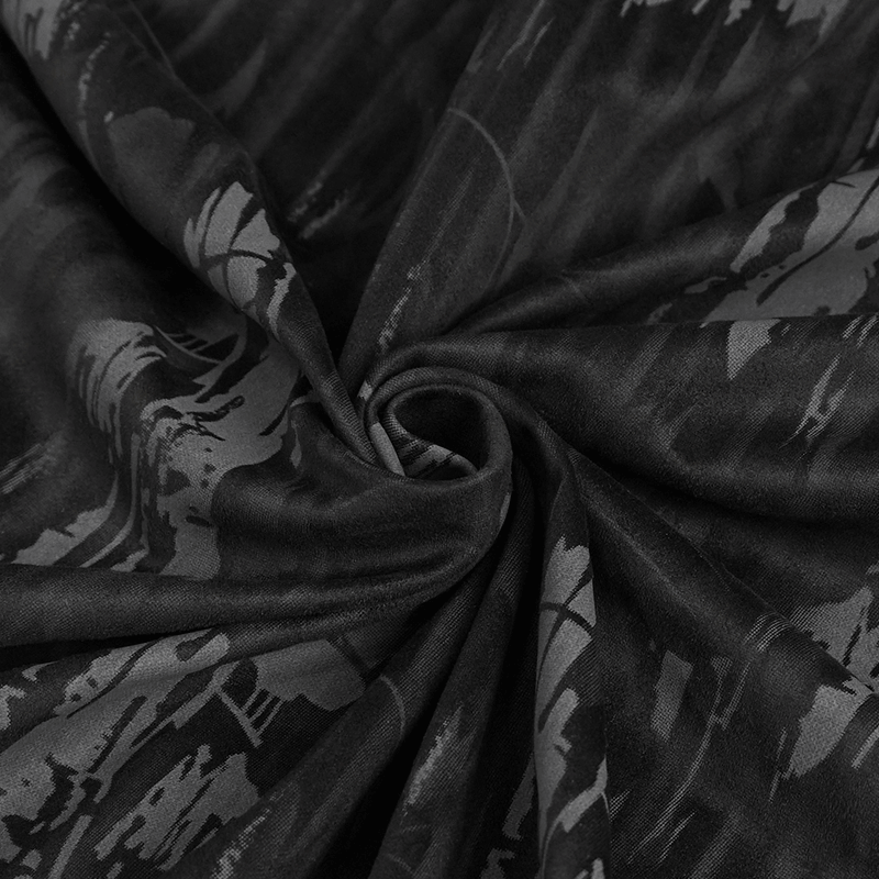 Close-up of black fabric with abstract grey patterns, perfect for gothic style clothing.
