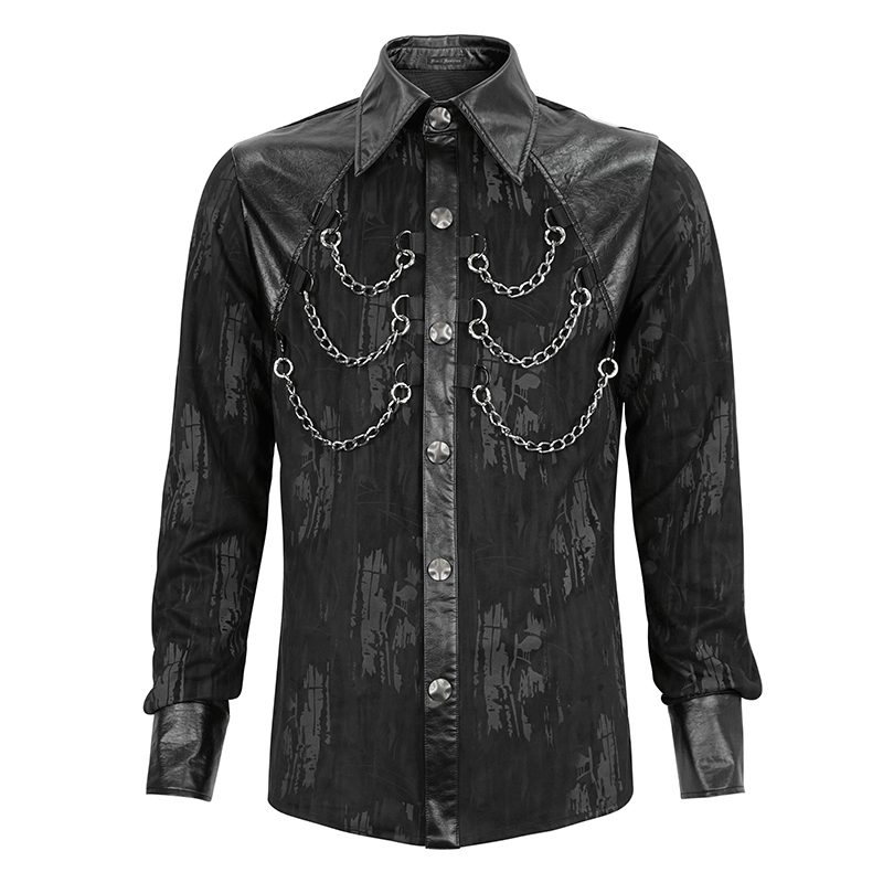 Men's black long sleeve shirt with PU leather inserts and detachable chains for a trendy gothic look.