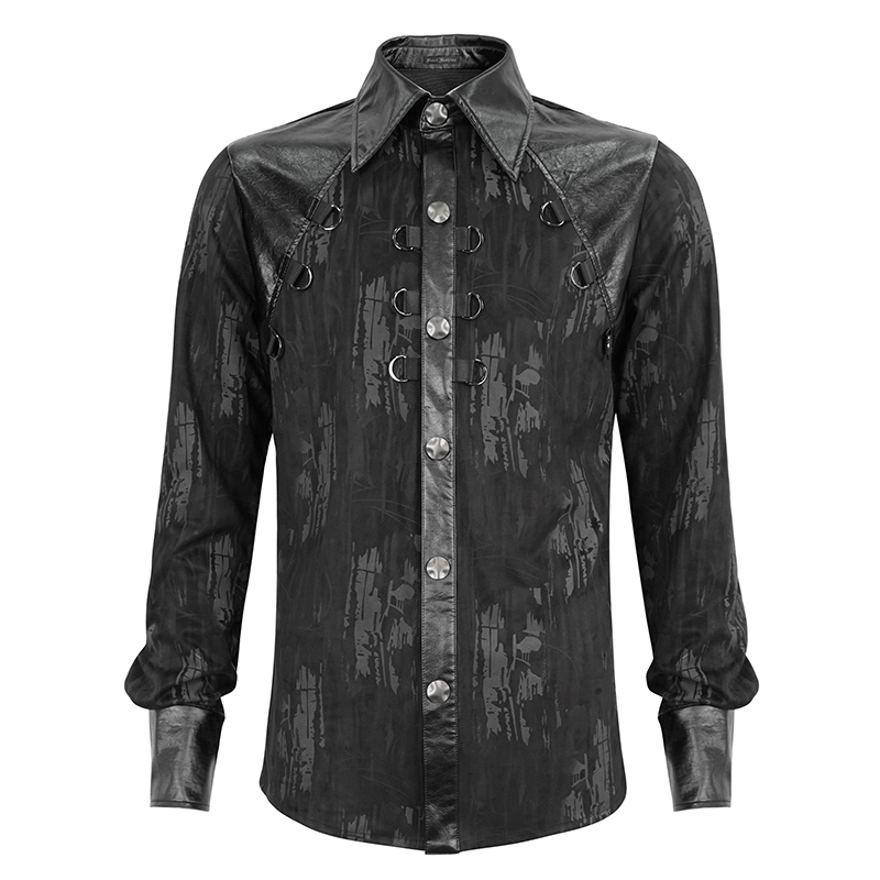 Men's black long sleeve shirt with PU leather inserts and gothic style details, perfect for trendy outfits.