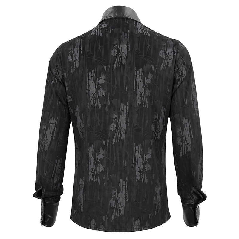 Back view of a men's black long sleeve shirt with PU leather inserts, featuring a gothic style pattern.