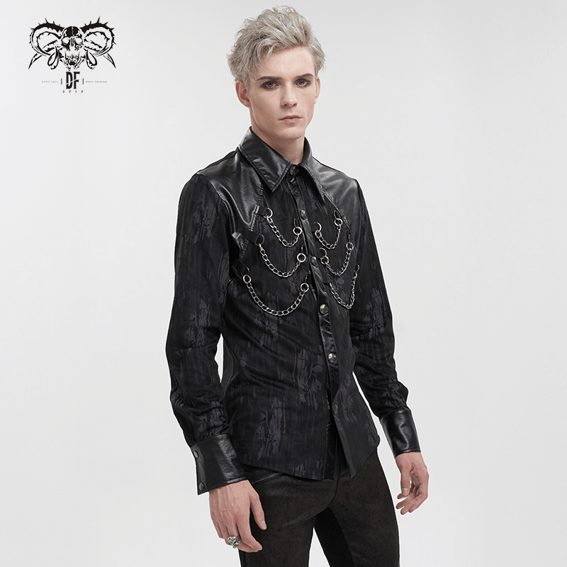 Gothic men's black long sleeve shirt with PU leather inserts and detachable chains on chest, trendy and stylish.
