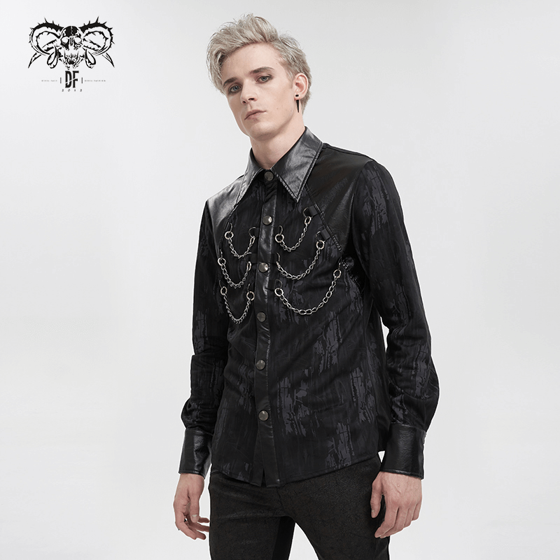 Men's black long sleeve shirt with PU leather inserts and gothic chains for a stylish edgy look.