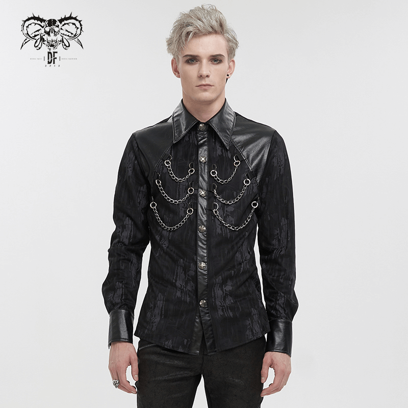 Black Long Sleeves Shirt with PU Leather Inserts / Gothic Men's Detachable Chains on Chest Shirts