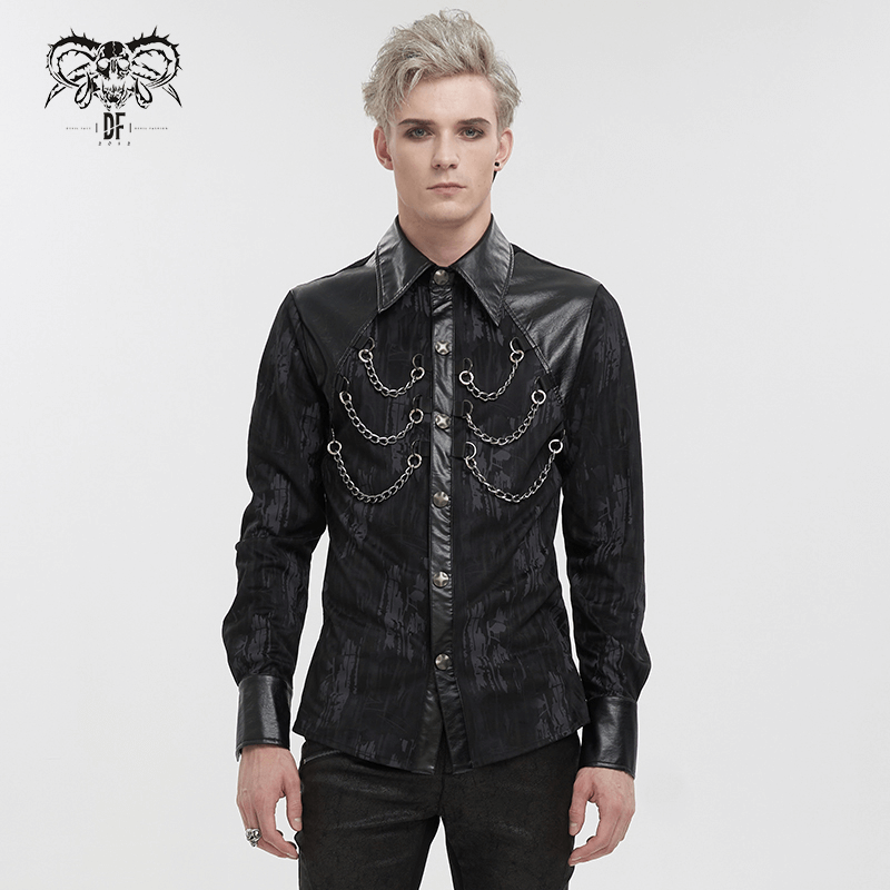 Men's black long sleeve shirt with PU leather inserts and gothic chains, stylish trendy look for modern fashion.