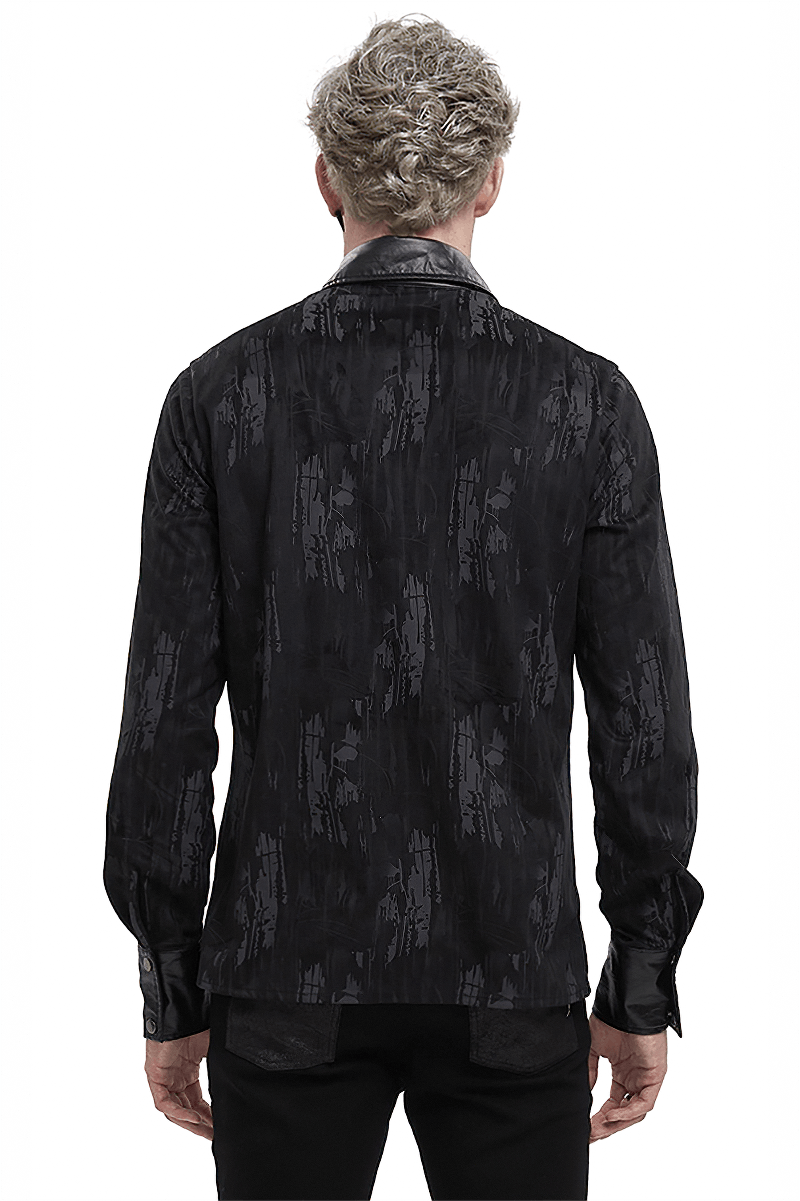 Back view of men's black long sleeve shirt with PU leather inserts and trendy gothic style.