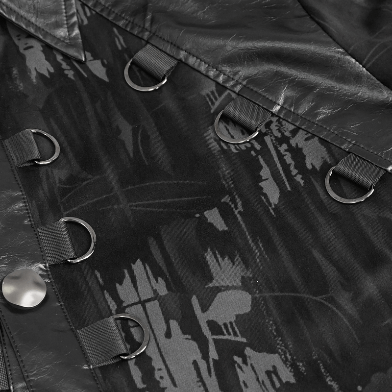 Close-up of black shirt with PU leather inserts and detachable chains, perfect for a trendy gothic look.