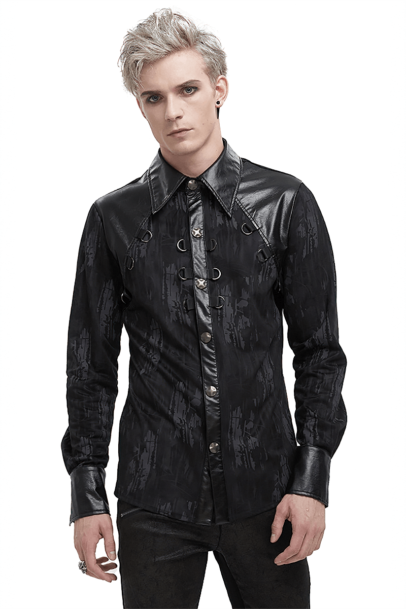 Men's black long sleeve shirt with PU leather inserts and gothic style details, perfect for trendy outfits.