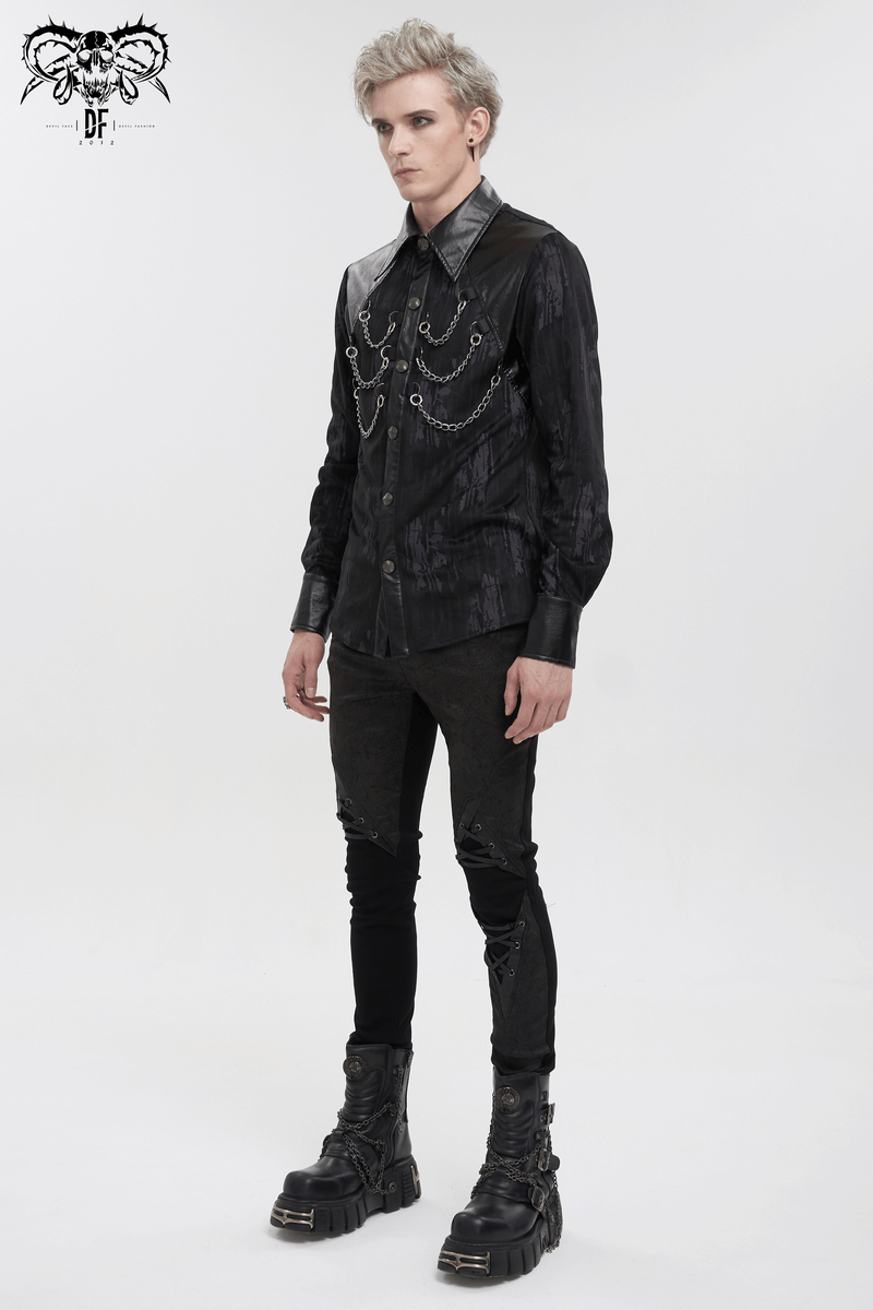 Men's black long sleeve shirt with PU leather inserts and gothic chains, stylish fashion statement.