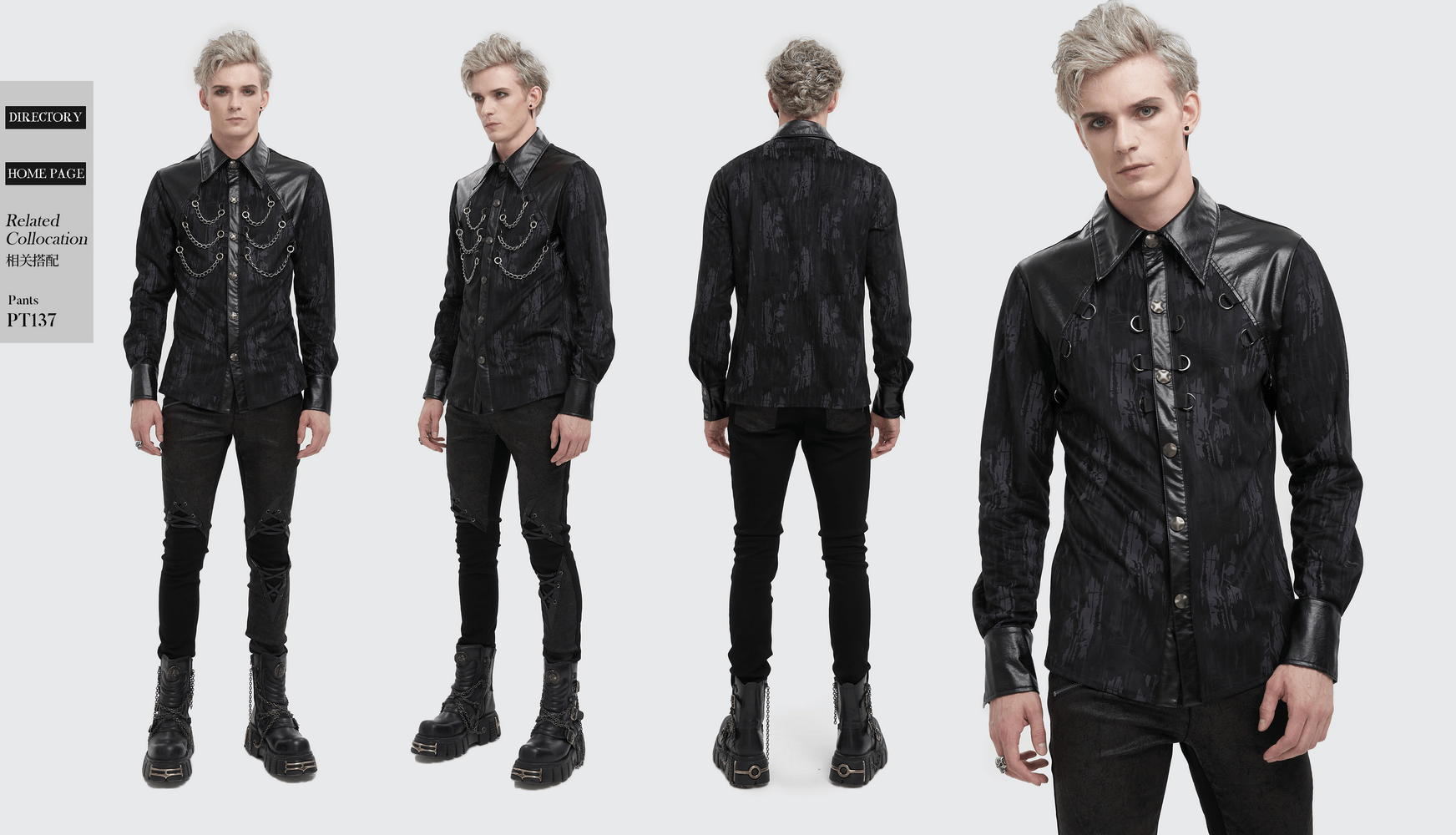 Men's black long sleeve shirt with PU leather inserts and detachable chains, trendy gothic fashion.