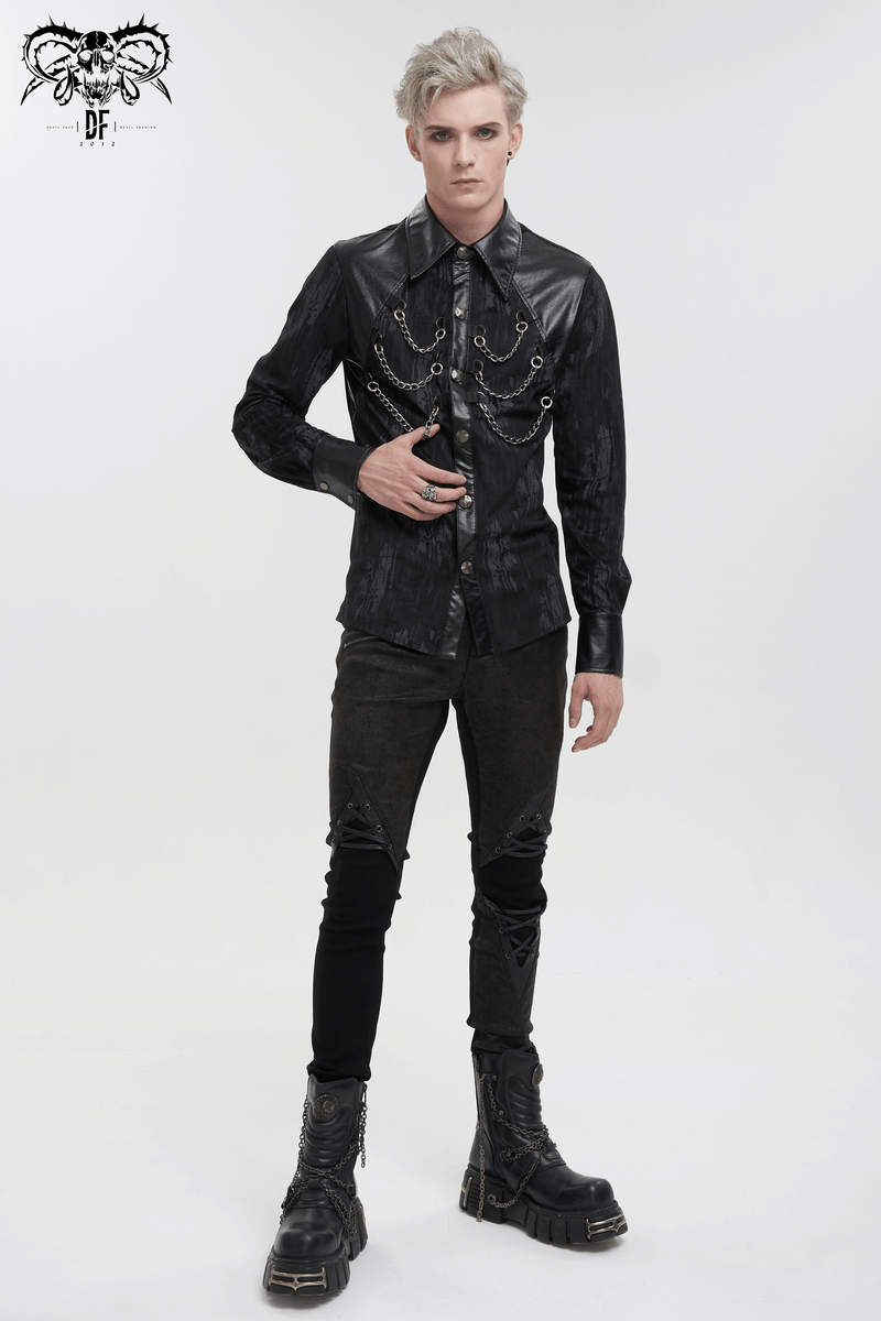 Black Long Sleeves Shirt with PU Leather Inserts / Gothic Men's Detachable Chains on Chest Shirts