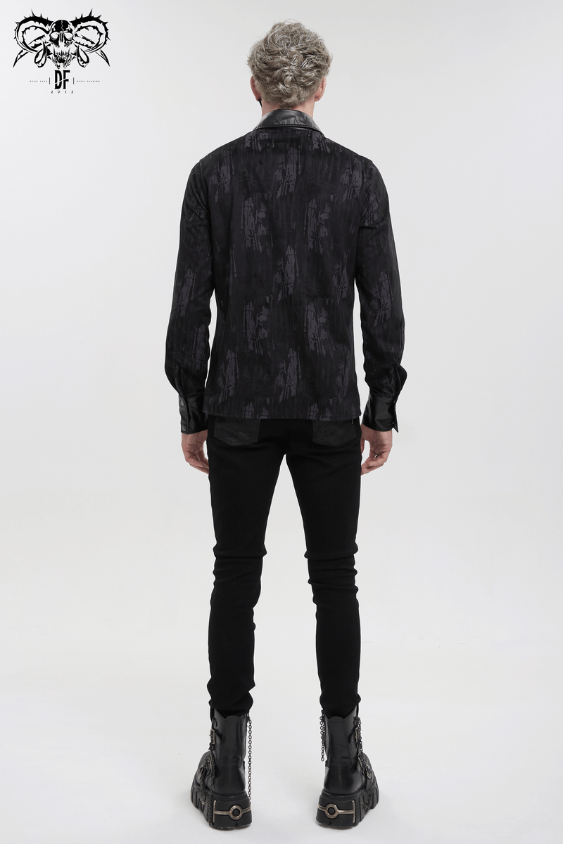 Men's black long sleeve shirt with PU leather inserts, showcased from the back, perfect for gothic style enthusiasts.