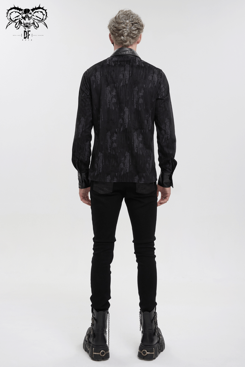 Black Long Sleeves Shirt with PU Leather Inserts / Gothic Men's Detachable Chains on Chest Shirts - HARD'N'HEAVY