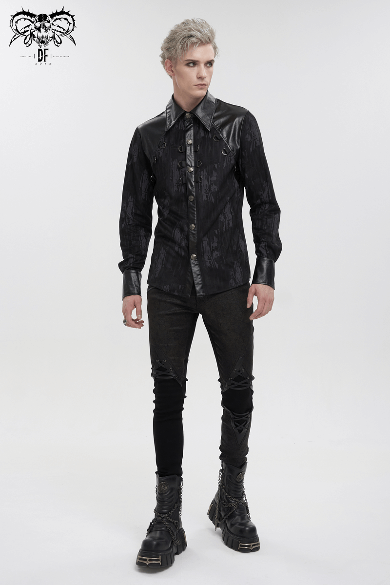 Men's black long sleeve shirt with PU leather inserts and gothic style details.