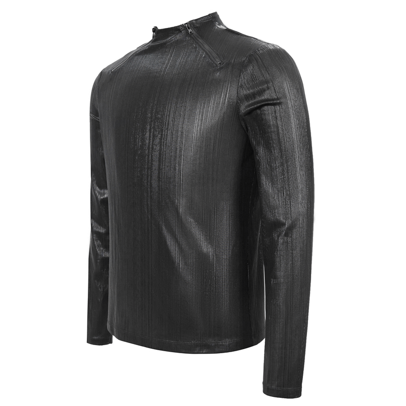 Black Long Sleeves Sweatshirt in Cyberpunk Style / Zipper Neckline Glossy Sweatshirt - HARD'N'HEAVY