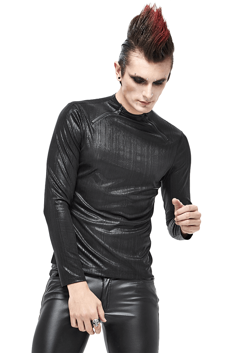 Black Long Sleeves Sweatshirt in Cyberpunk Style / Zipper Neckline Glossy Sweatshirt - HARD'N'HEAVY