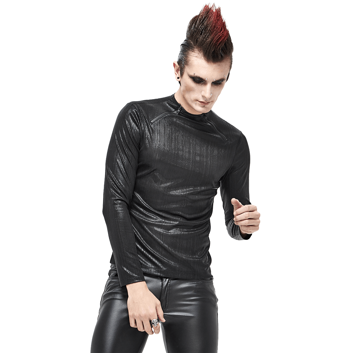 Black Long Sleeves Sweatshirt in Cyberpunk Style / Zipper Neckline Glossy Sweatshirt - HARD'N'HEAVY