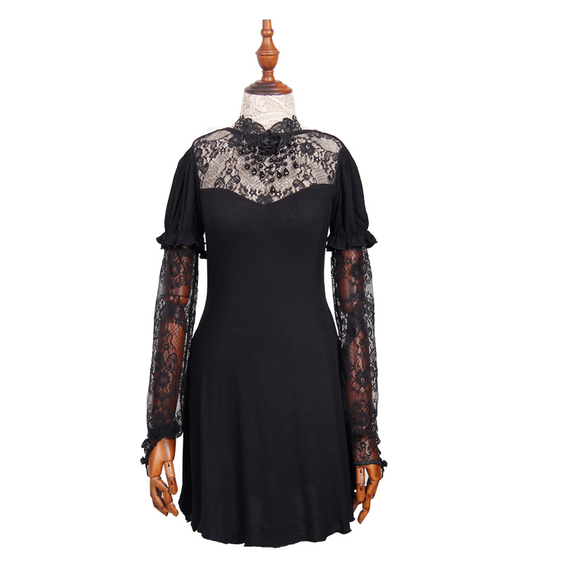 Black Long Top with Lace on the Neckline / Short Sleeves Top with Snap on Lace Gloves - HARD'N'HEAVY