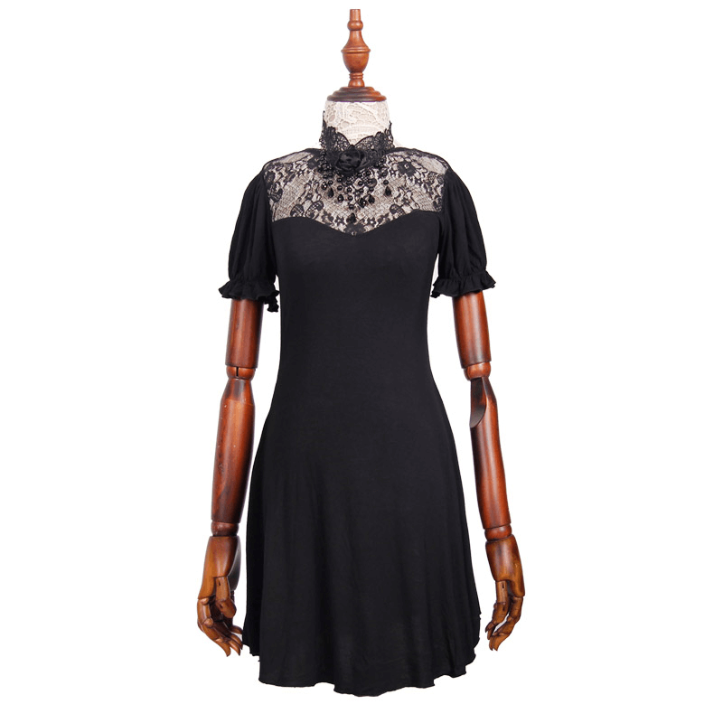 Black Long Top with Lace on the Neckline / Short Sleeves Top with Snap on Lace Gloves - HARD'N'HEAVY