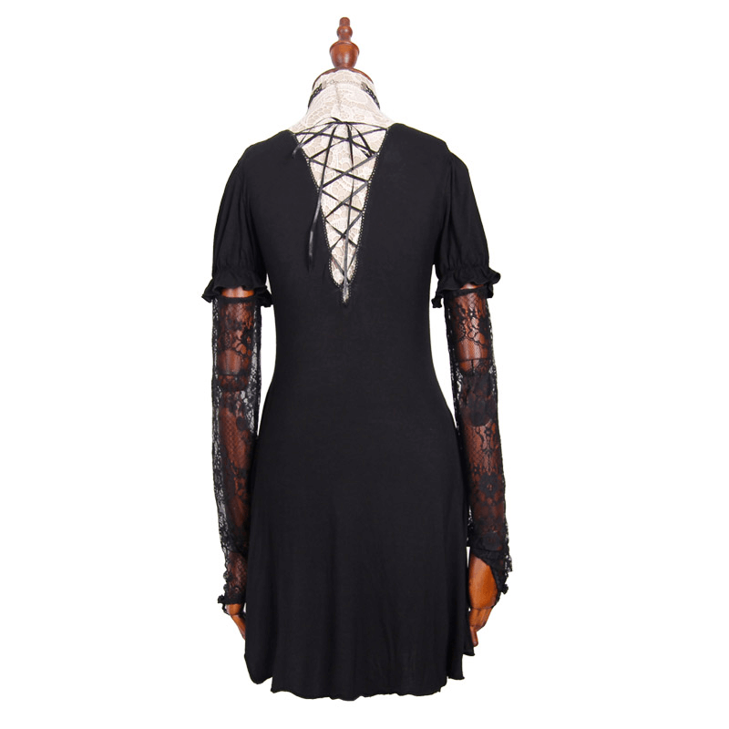 Black Long Top with Lace on the Neckline / Short Sleeves Top with Snap on Lace Gloves - HARD'N'HEAVY