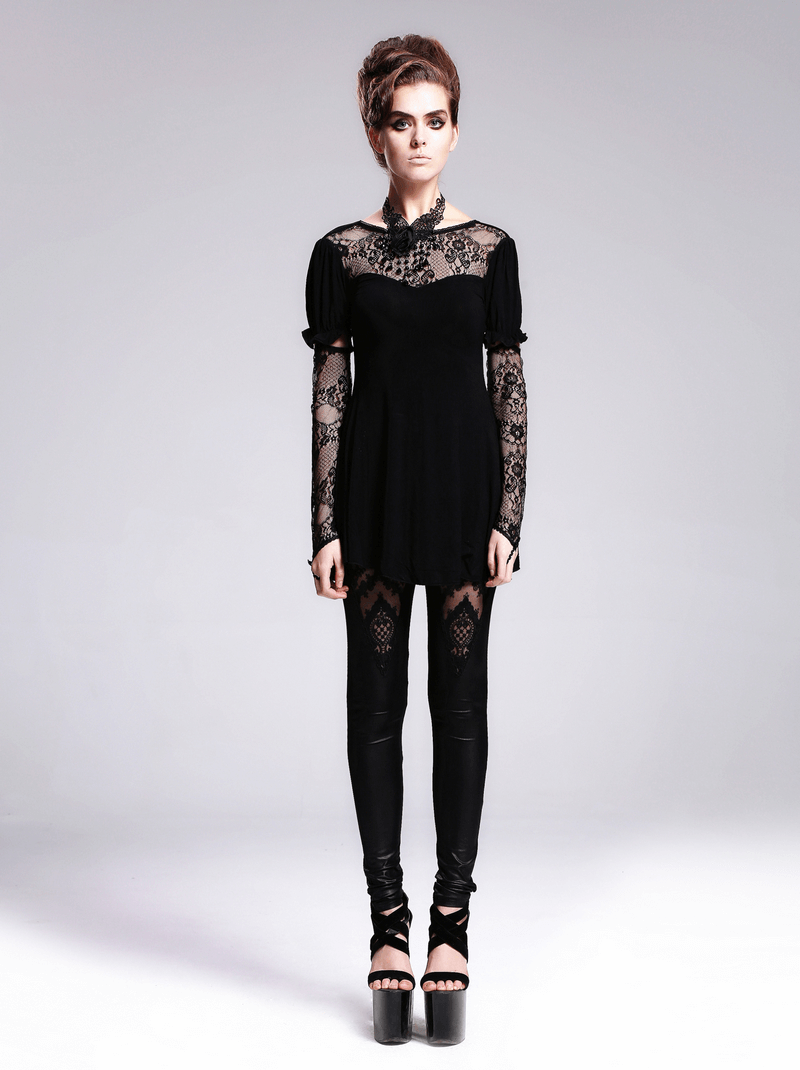 Black Long Top with Lace on the Neckline / Short Sleeves Top with Snap on Lace Gloves - HARD'N'HEAVY