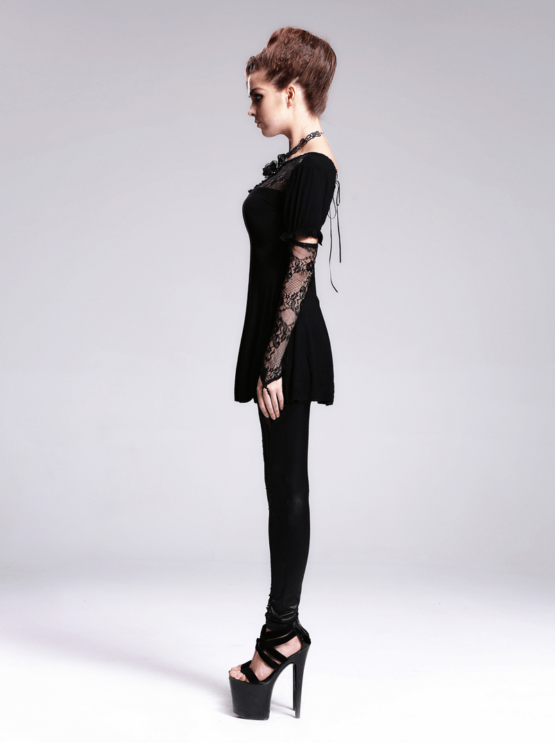 Black Long Top with Lace on the Neckline / Short Sleeves Top with Snap on Lace Gloves - HARD'N'HEAVY