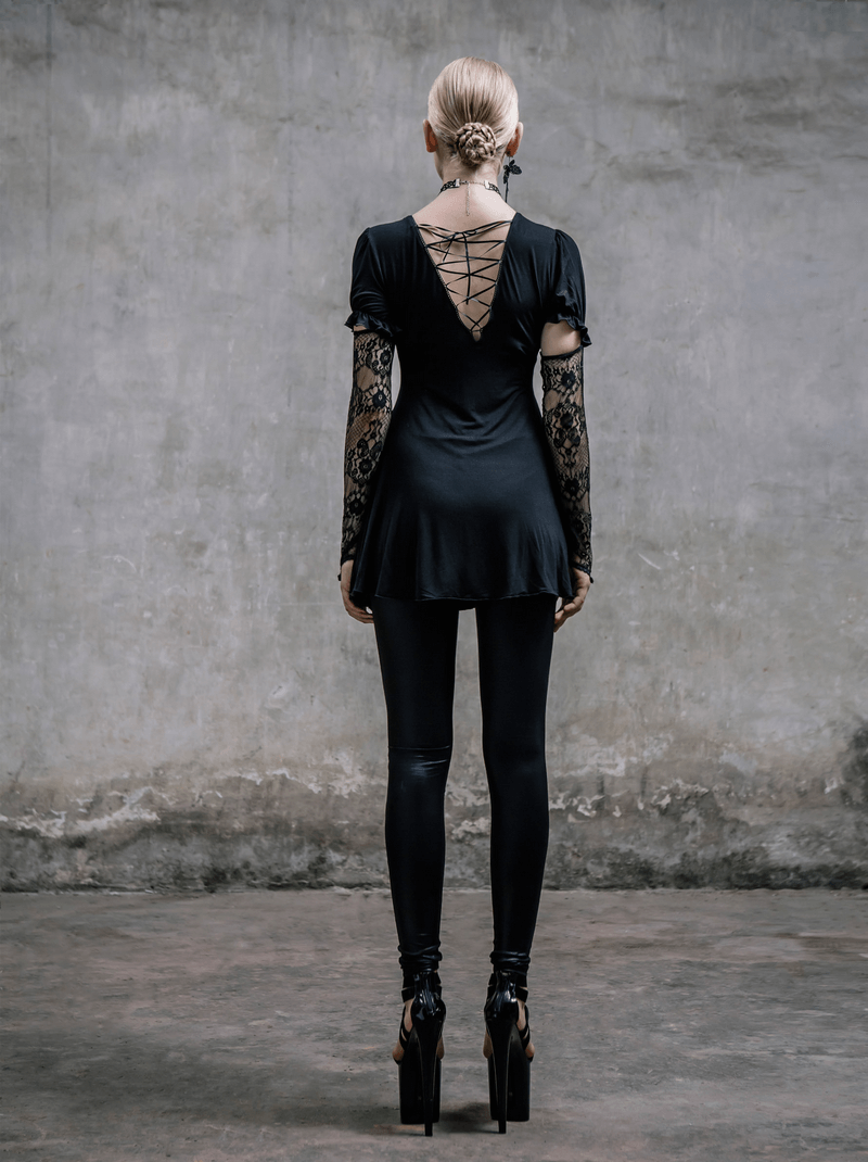 Black Long Top with Lace on the Neckline / Short Sleeves Top with Snap on Lace Gloves - HARD'N'HEAVY