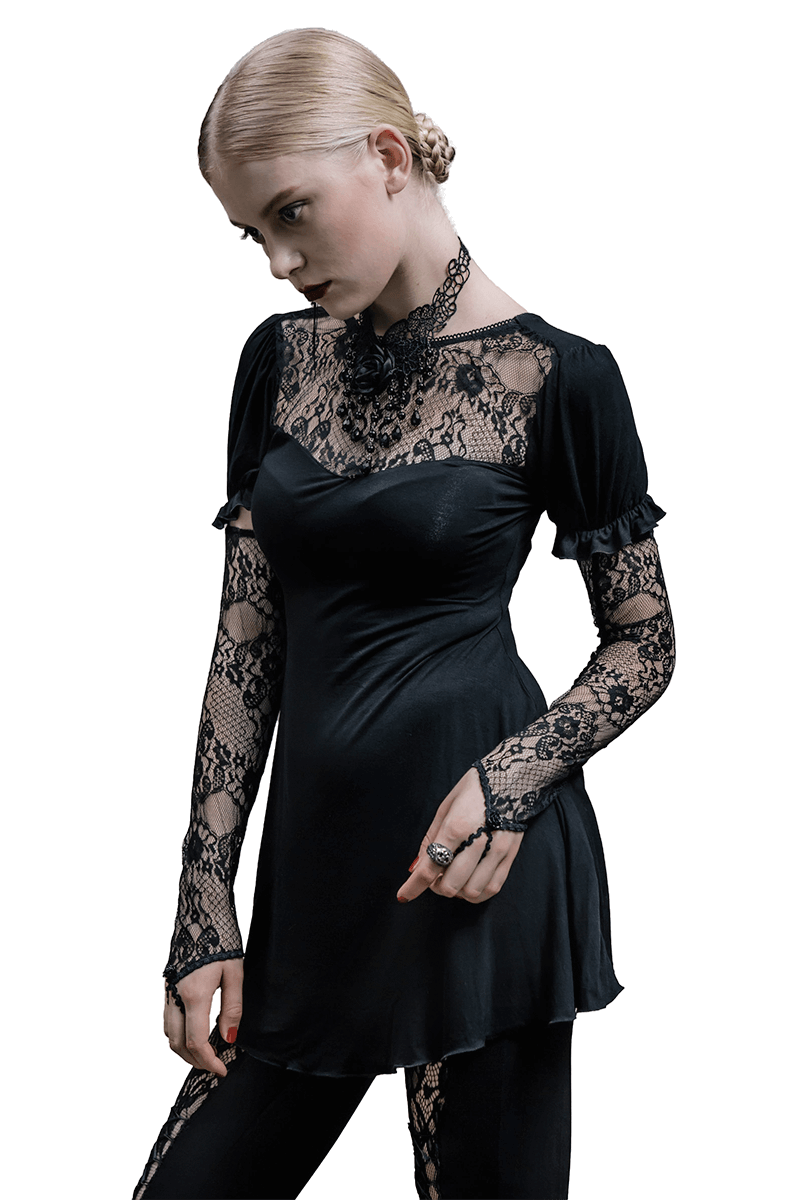 Elegant black long sleeve top with lace gloves, perfect for gothic fashion enthusiasts.