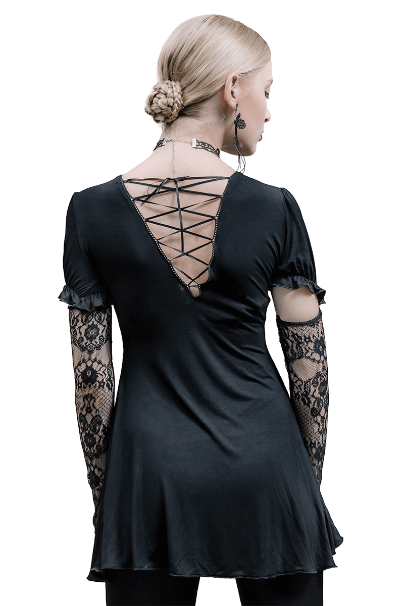 Black women's gothic top with lace gloves, featuring a stylish back design and ruffled sleeves.