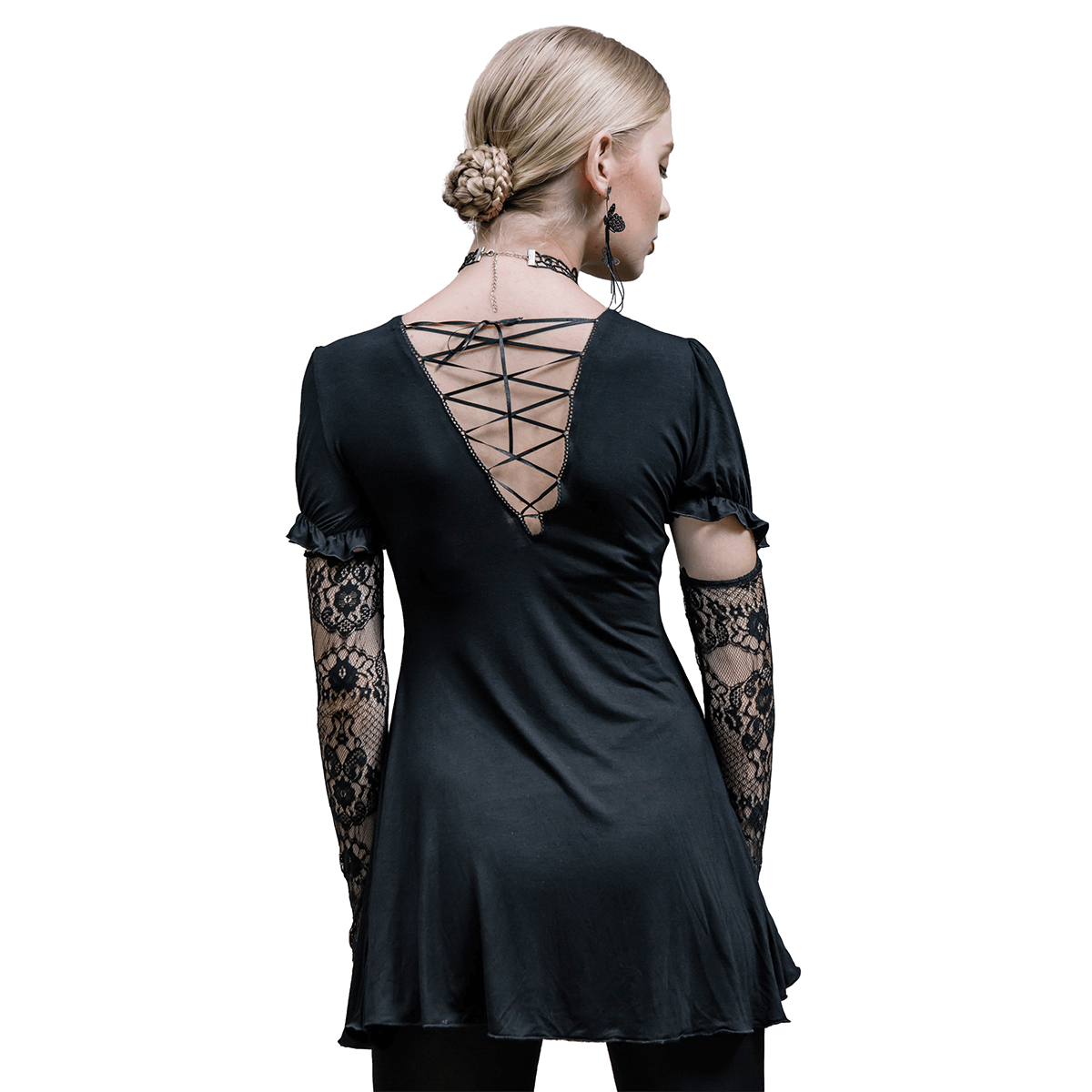Black Long Top with Lace on the Neckline / Short Sleeves Top with Snap on Lace Gloves - HARD'N'HEAVY